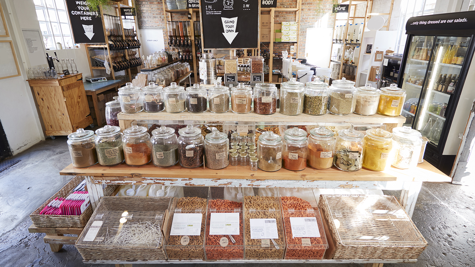 Display Of Spices In Sustainable Plastic Packaging Free Grocery Store